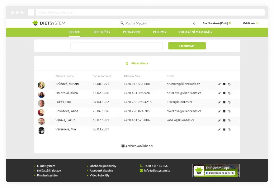 Seznam klientů - Screenshow aplikace DietSystem